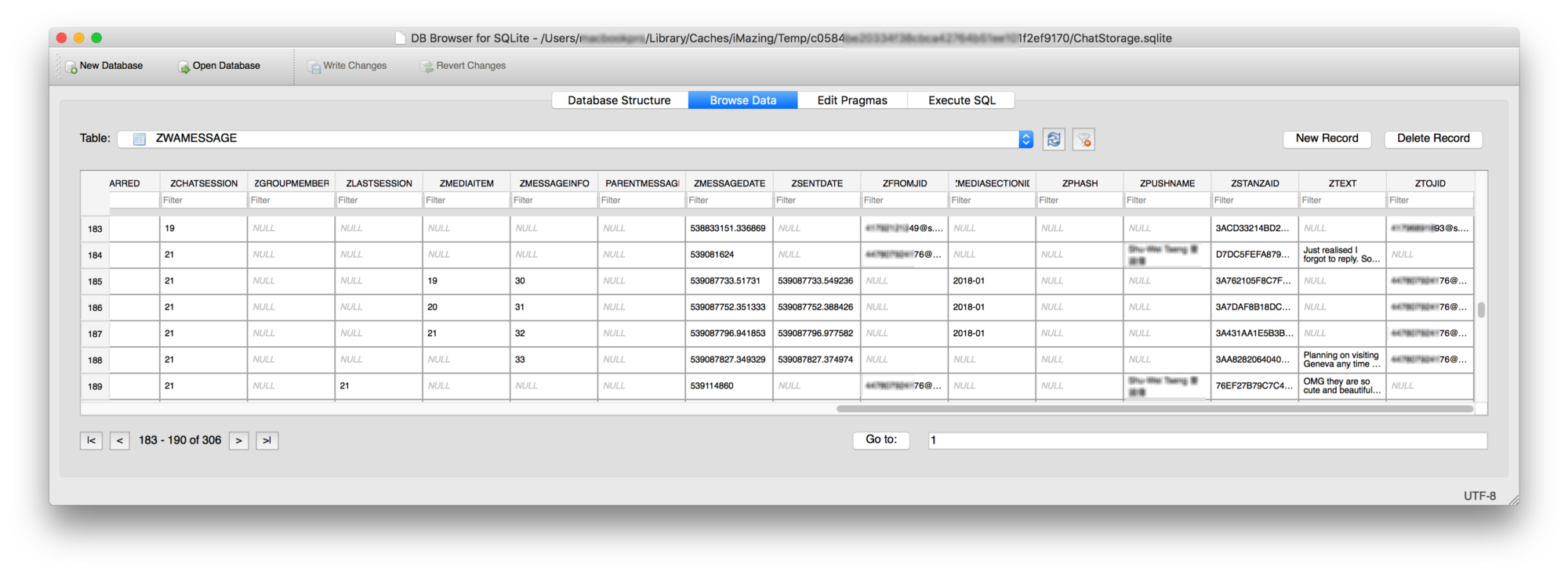 Chat database, extracted from iPhone's backup with iMazing. (Credit - Gregorio Zanon)
